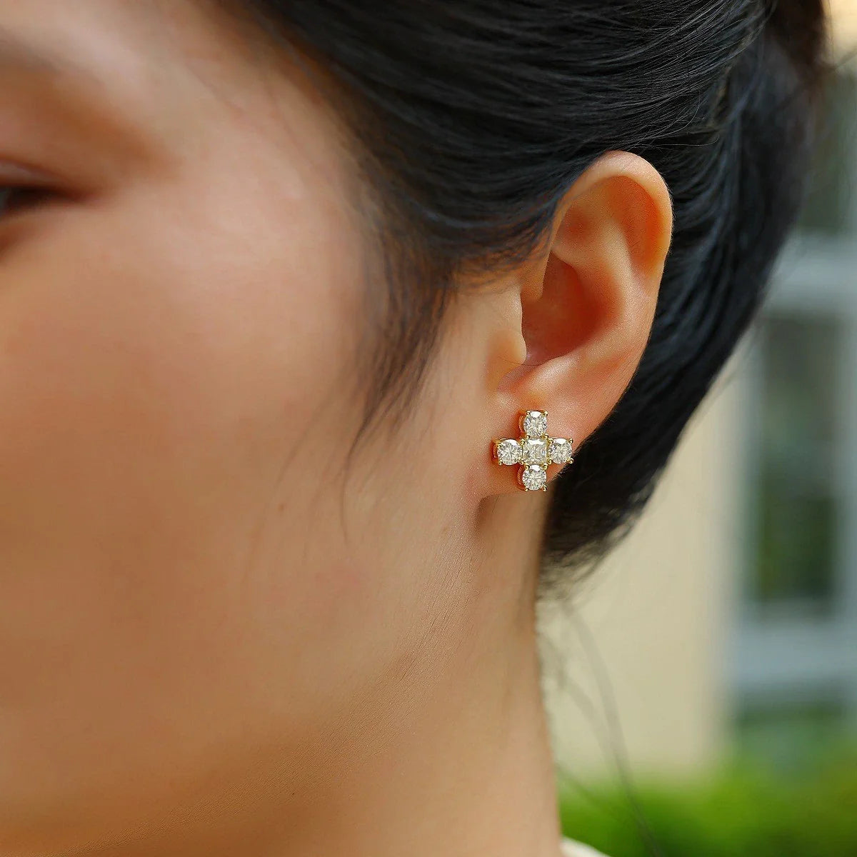 Princess&Round Moissanite Cross Stud Earrings