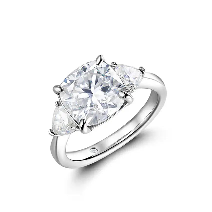 Triangle Side Stone Three Stone Cushion Moissanite Engagement Ring