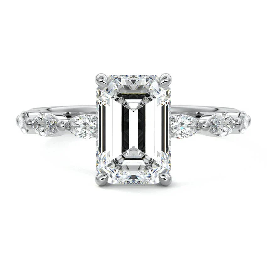 Marquise Sidestone Emerald Moissanite Engagement Ring