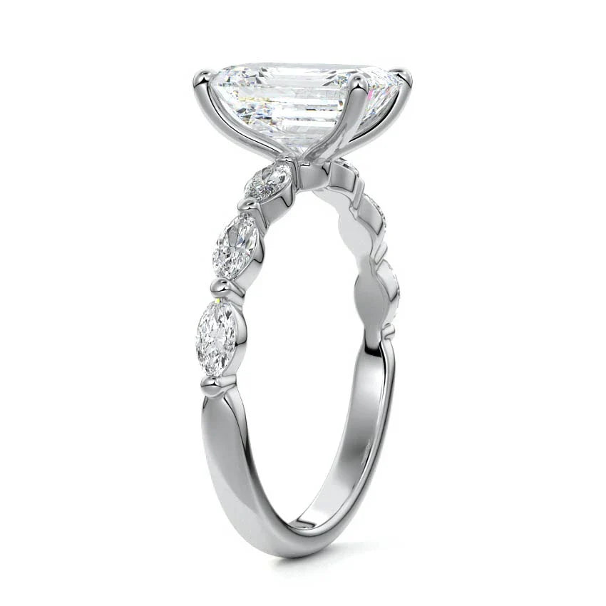 Marquise Sidestone Emerald Moissanite Engagement Ring