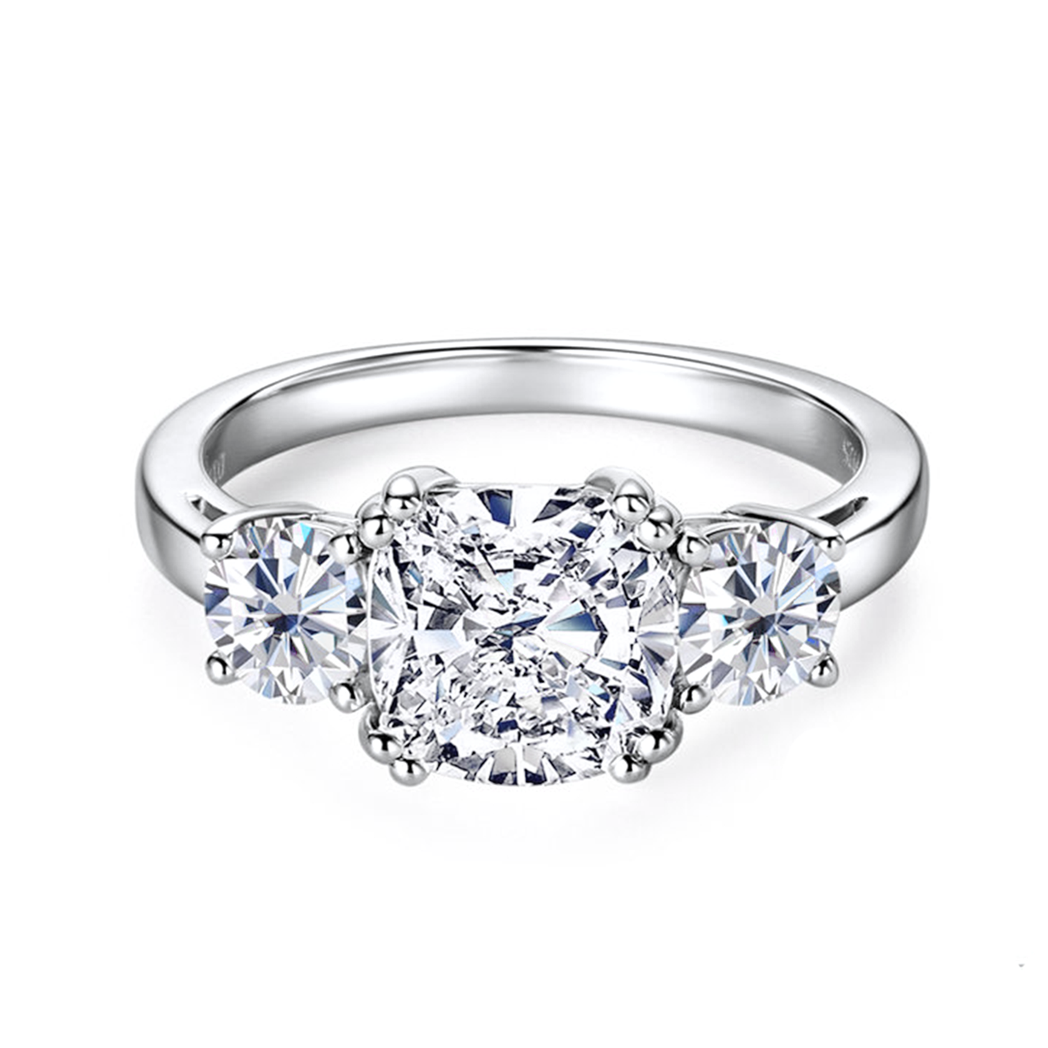 Double Prong Three Stone Cushion Moissanite Engagement Ring