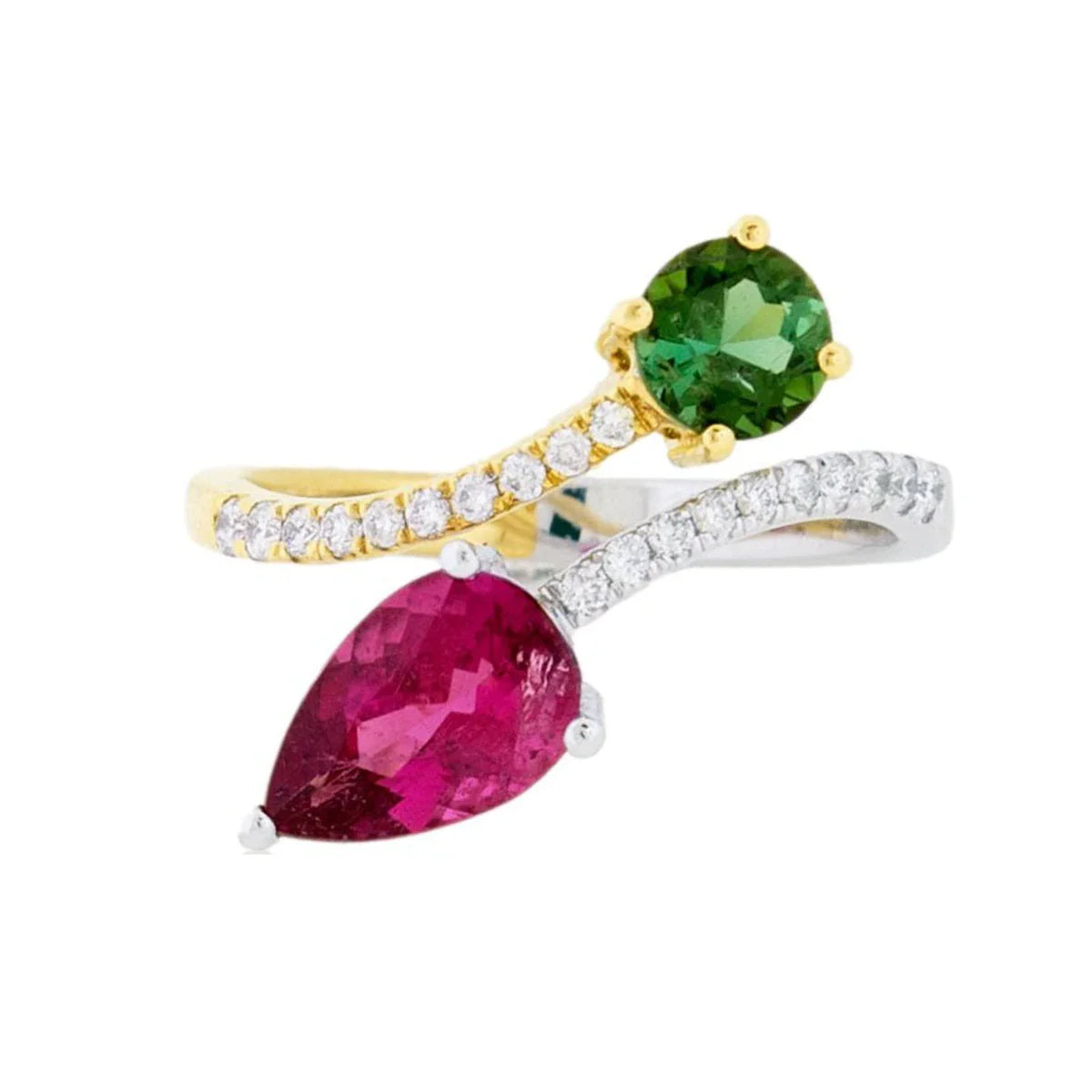 Round Green & Pear Pink Moissanite Mixed Metal Bypass Ring