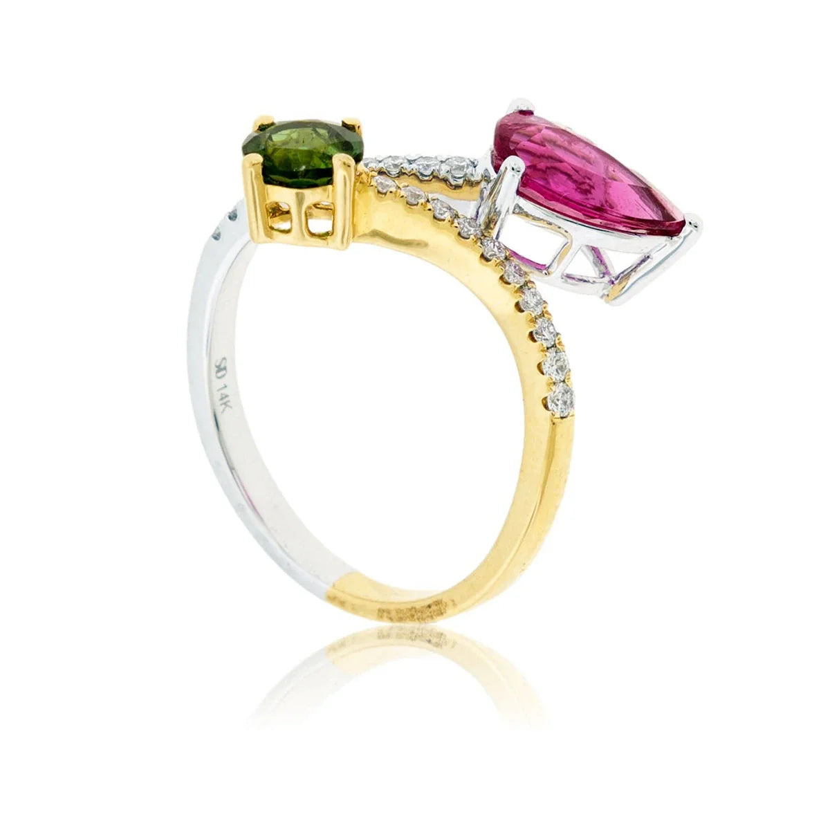 Round Green & Pear Pink Moissanite Mixed Metal Bypass Ring