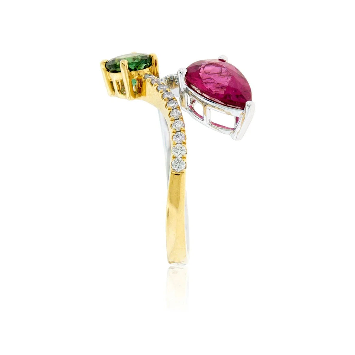 Round Green & Pear Pink Moissanite Mixed Metal Bypass Ring