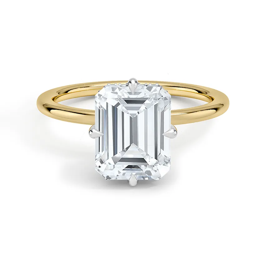 Mixed Metal Compass Prong Hidden Halo Emerald Moissanite Engagement Ring