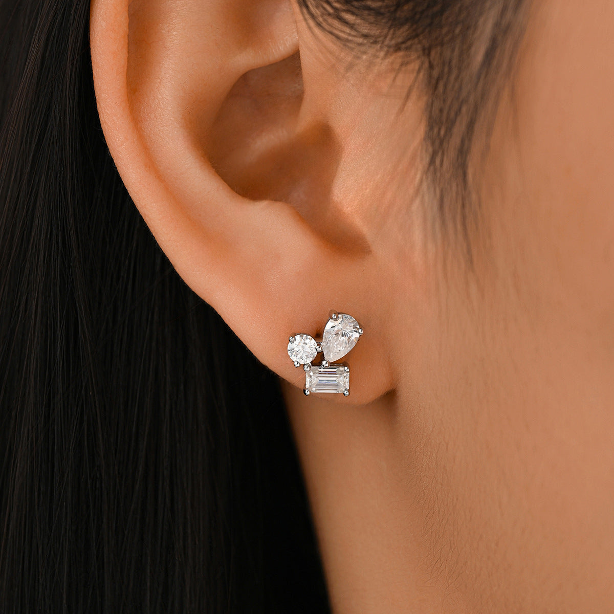 Three-Stone Mosaic Moissanite Stud Earrings