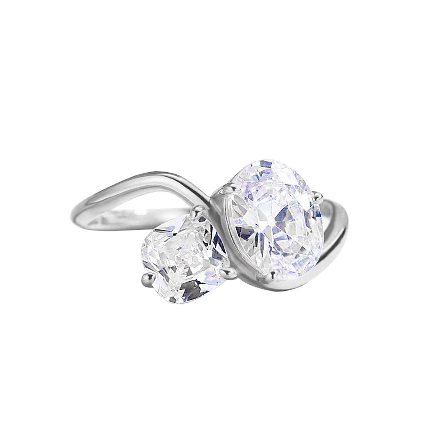 Oval & Cushion Curved Two-Stone Moissanite Engagement Ring