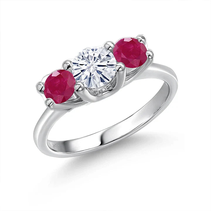 Moissanite and Ruby 3 Stone Engagement Ring