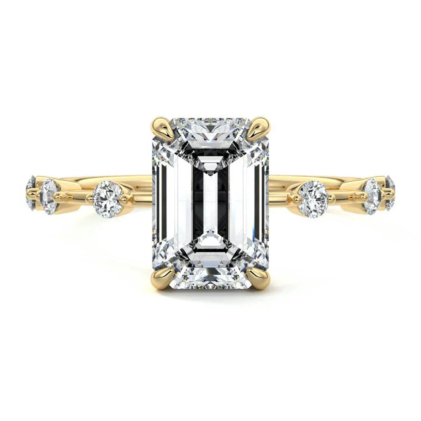 Shared Prong Hidden Halo Emerald Moissanite Engagement Ring