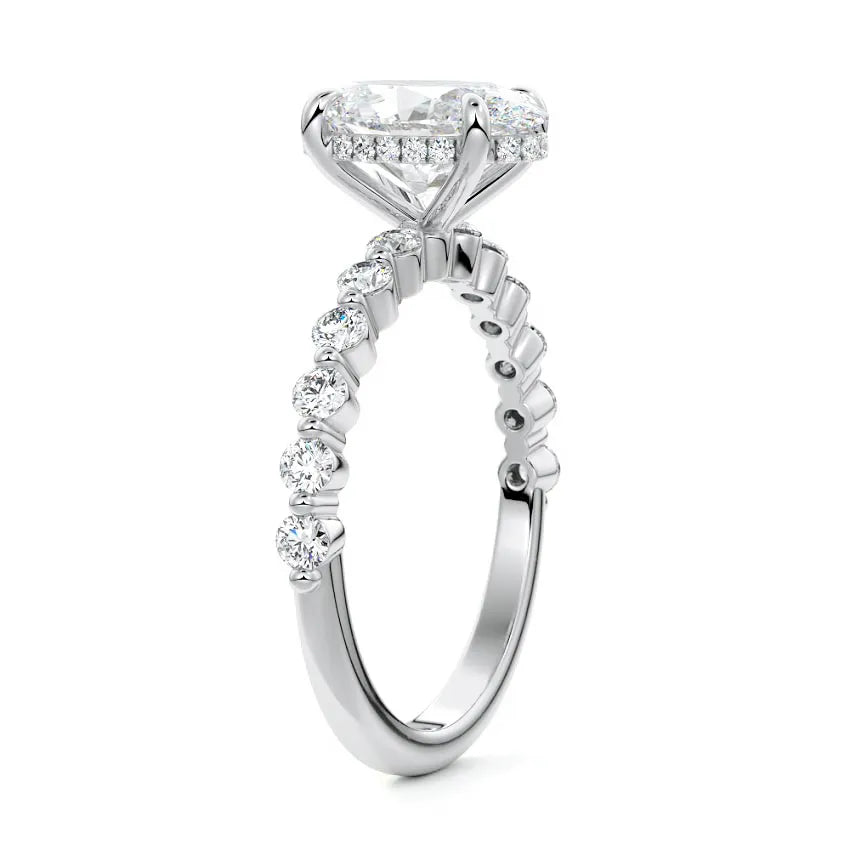 Shared Prong Hidden Halo Oval Moissanite Engagement Ring