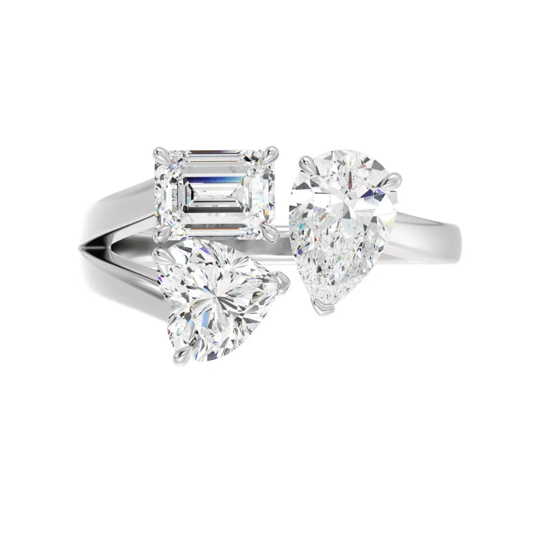 Three-Stone Toi et Moi Heart Pear & Emerald Moissanite Ring