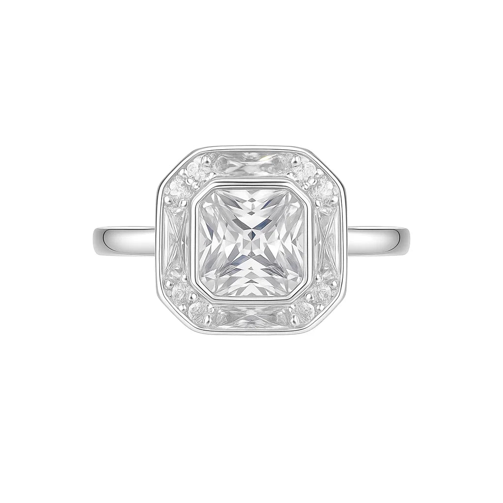 Asscher Cut Baguette Halo Moissanite Engagement Ring