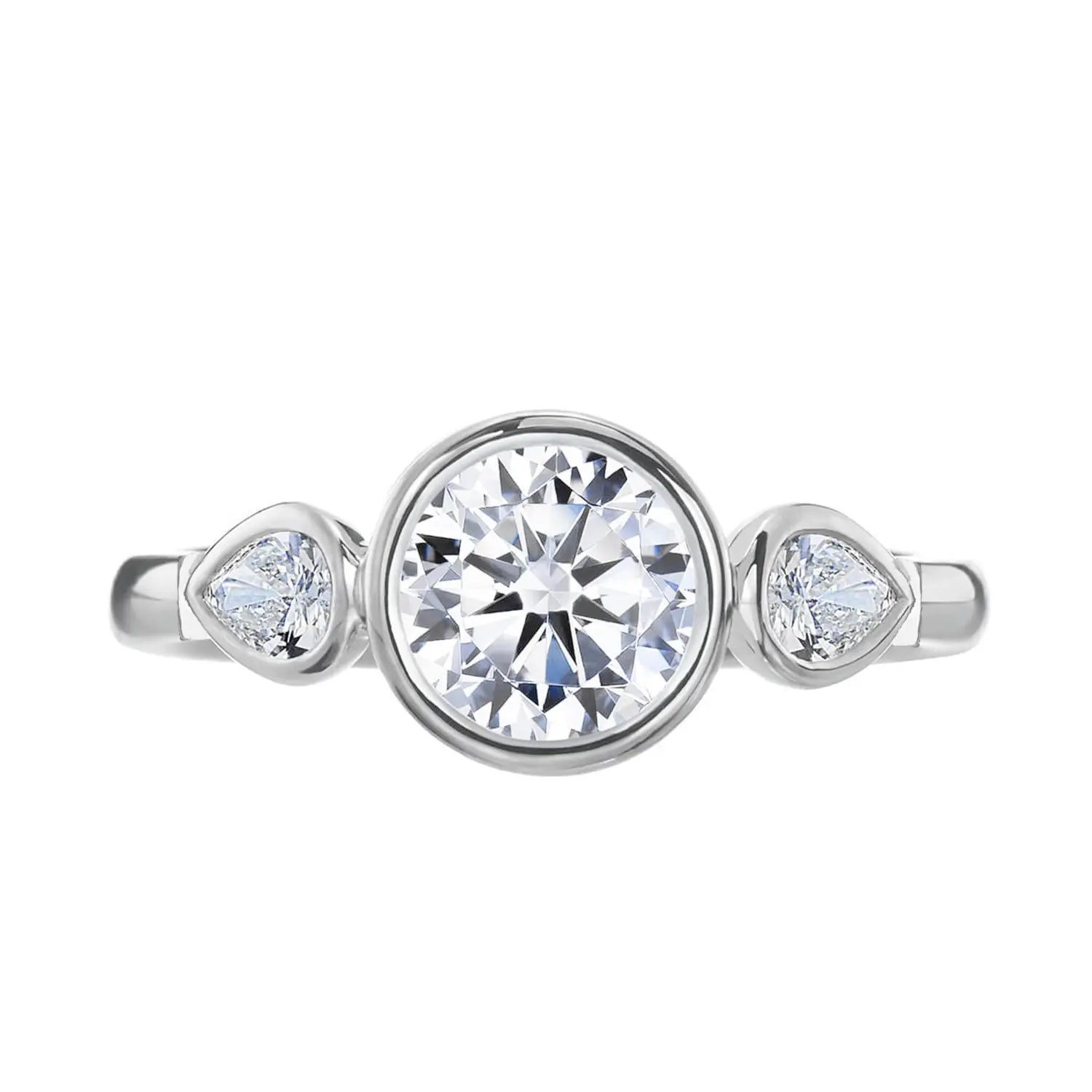 Pear Shaped Side Stone Bezel Three Stone Moissanite Ring