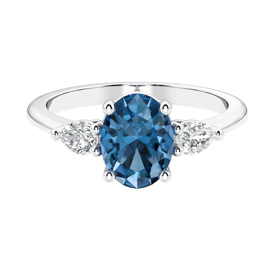 Blue Oval Moissanite Three Stone Ring