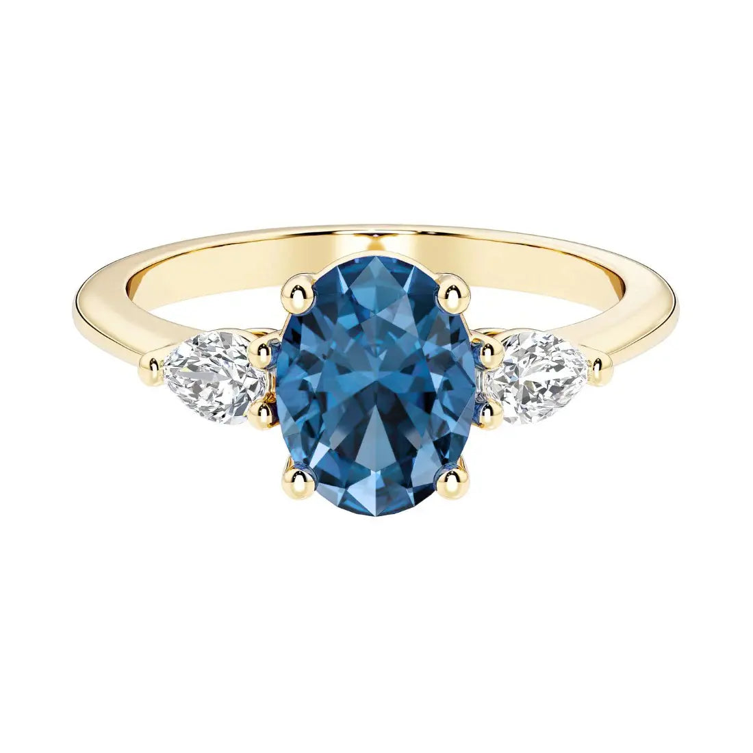 Blue Oval Moissanite Three Stone Ring