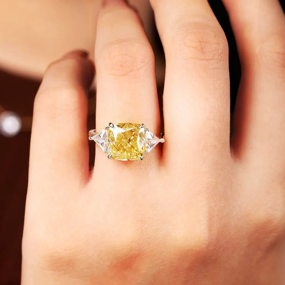 Trillion Side Three Stone Yellow Cushion Moissanite Engagement Ring