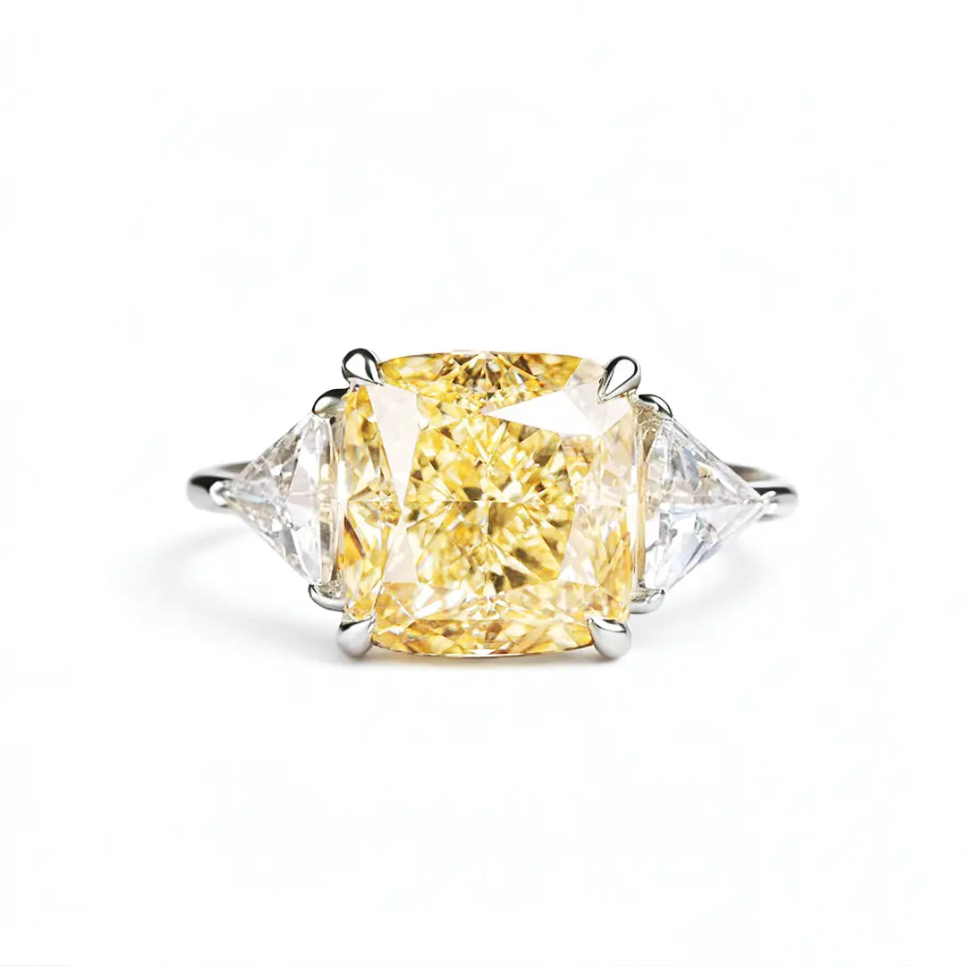Trillion Side Three Stone Yellow Cushion Moissanite Engagement Ring