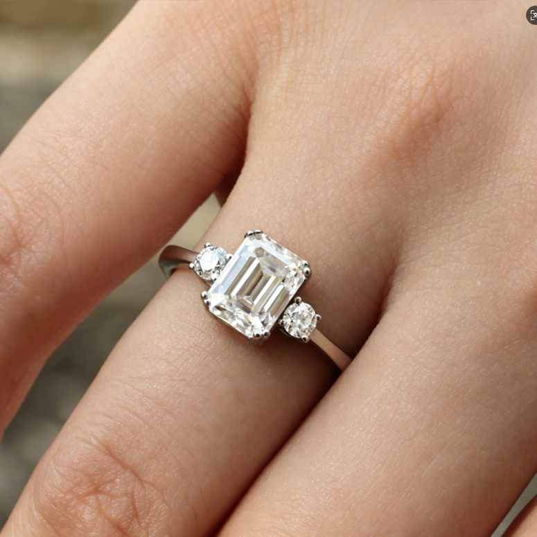 Emerald Three Stones Moissanite Ring