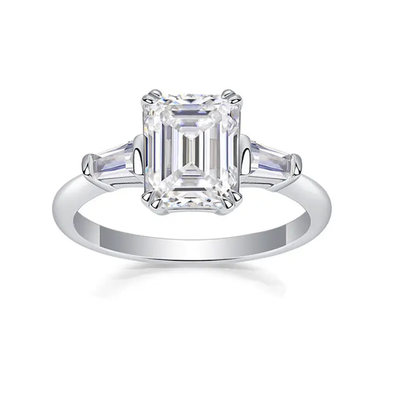 Tapered Baguette Three Stone Emerald Moissanite Engagement Ring