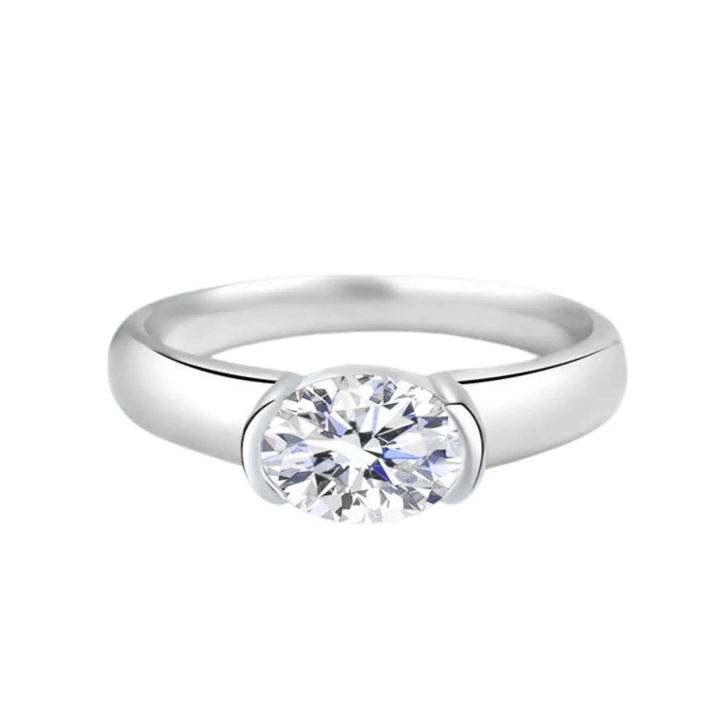 Half Bezel Solitaire Oval Moissanite Engagement Ring