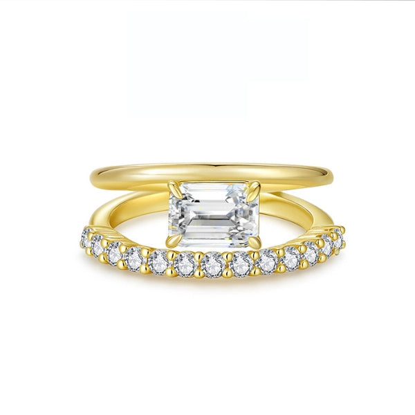 Emerald Moissanite Double Band Solitaire Ring