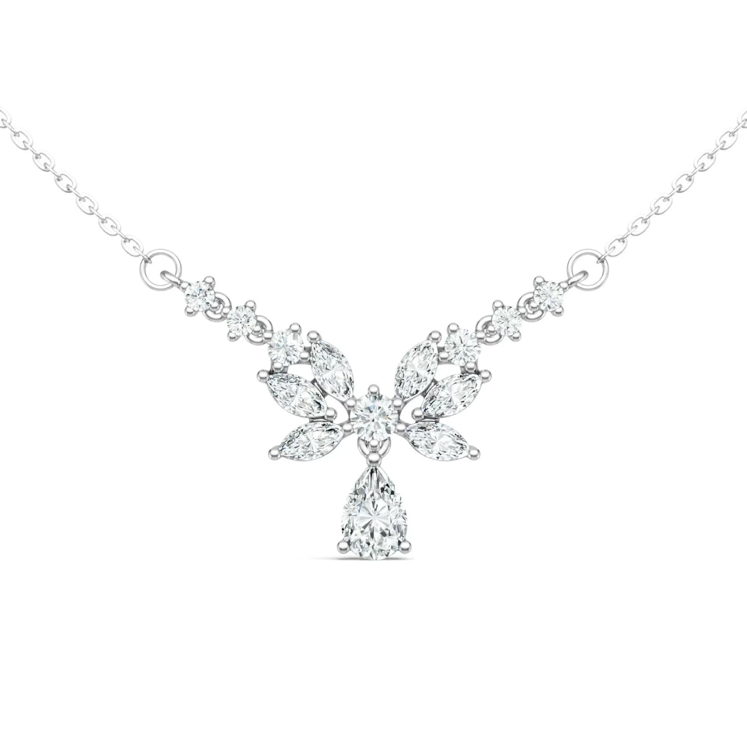 Floral Cluster Pear Drop Marquise Moissanite Necklace