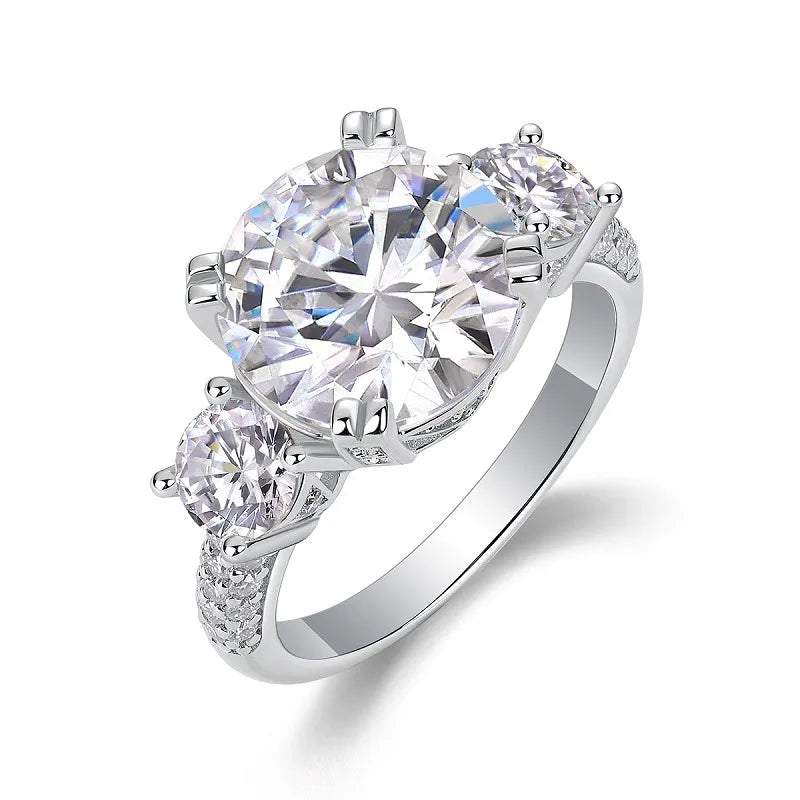 Pave Band Three Stone Prong Setting Moissanite Engagement Ring