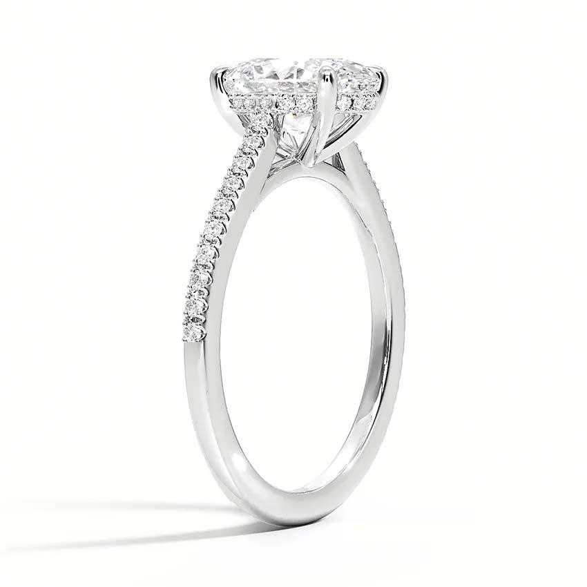 Cathedral French Pave Hidden Halo Oval Moissanite Engagement Ring