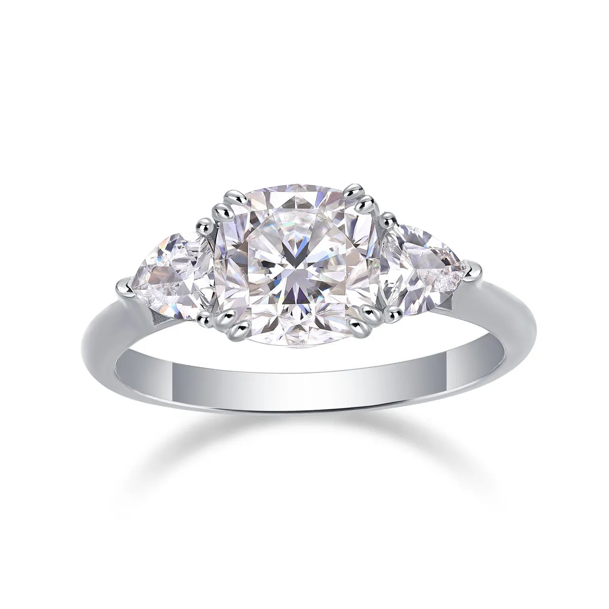 Trillion Three-Stone Double-Prong Cushion Moissanite Engagement Ring