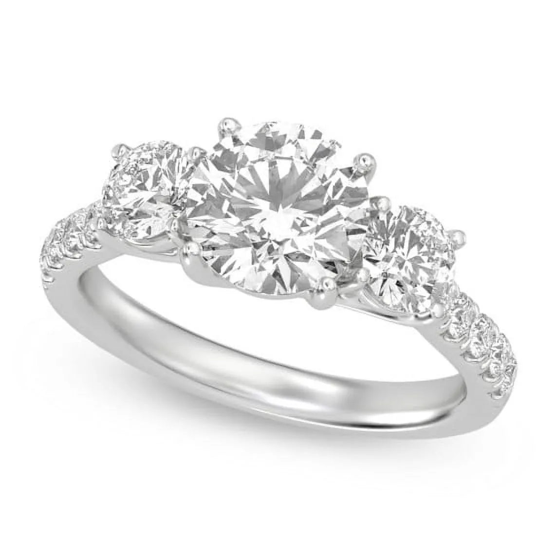 Three Stone Prong Setting Pave Band Moissanite Engagement Ring