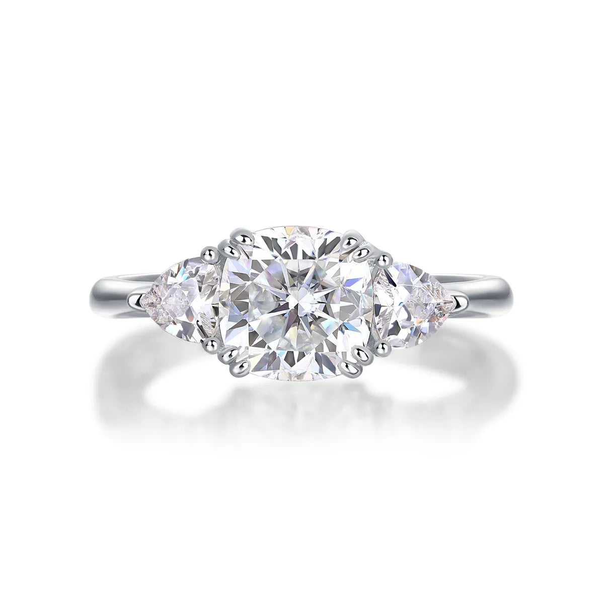 Trillion Three-Stone Double-Prong Cushion Moissanite Engagement Ring