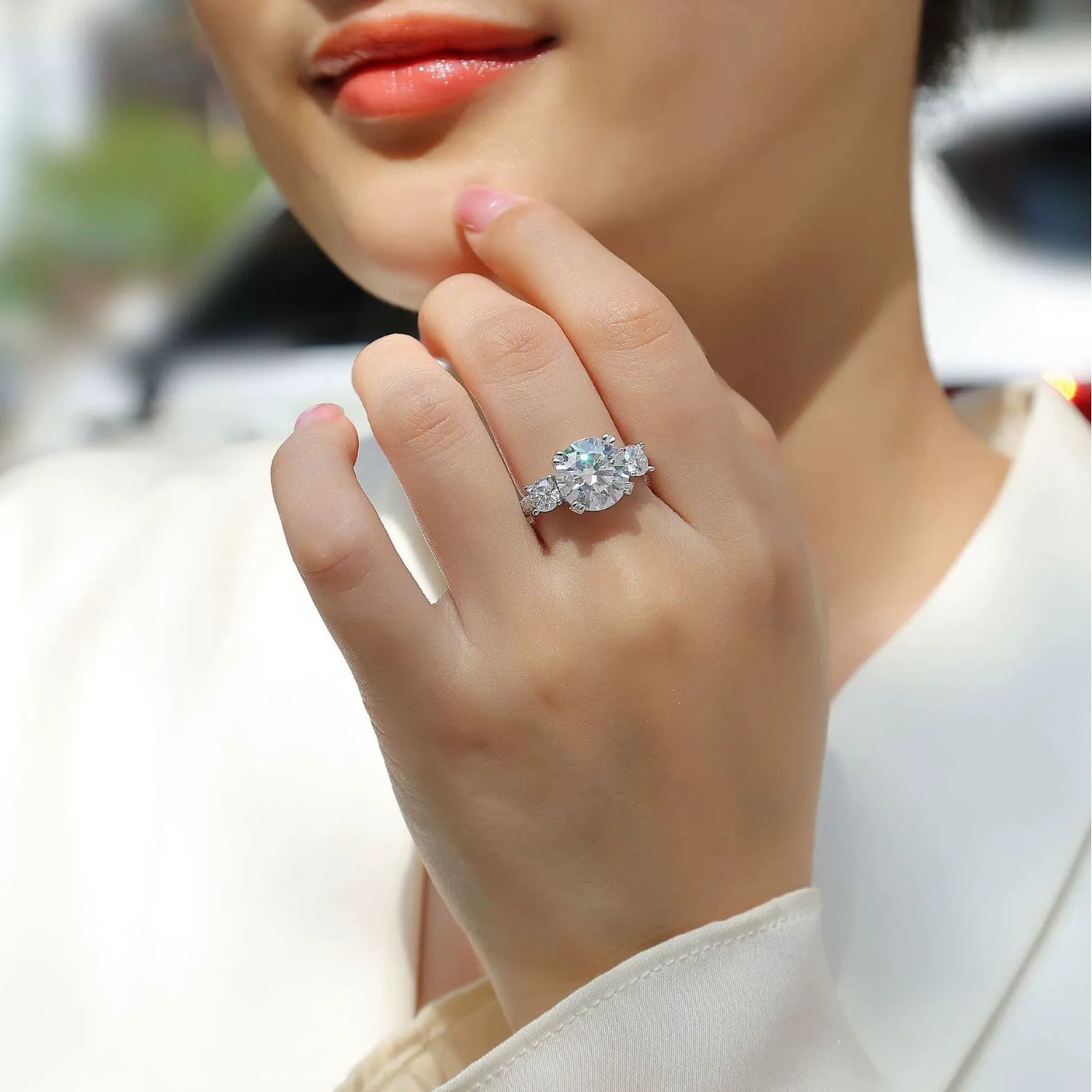 Pave Band Three Stone Prong Setting Moissanite Engagement Ring