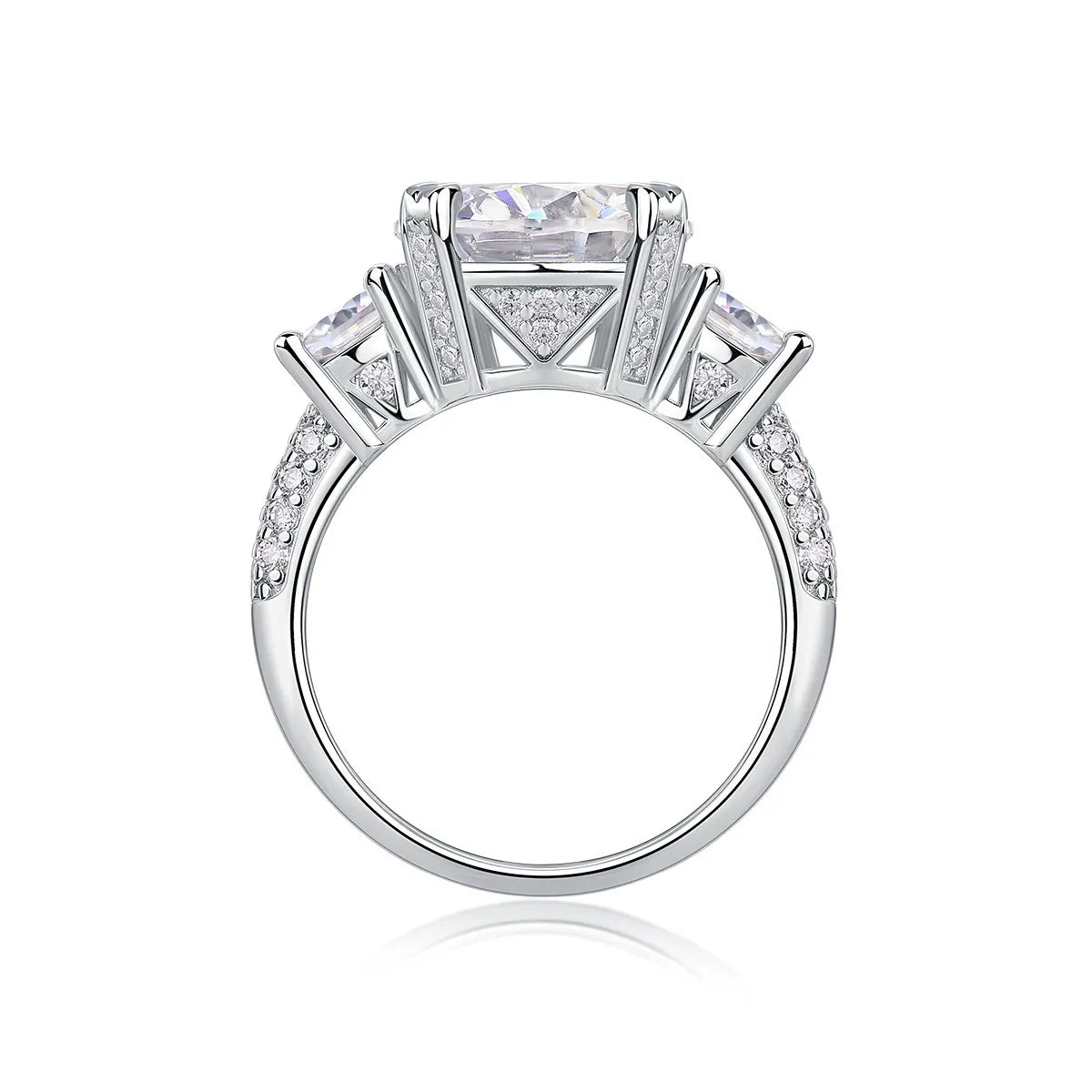 Pave Band Three Stone Prong Setting Moissanite Engagement Ring