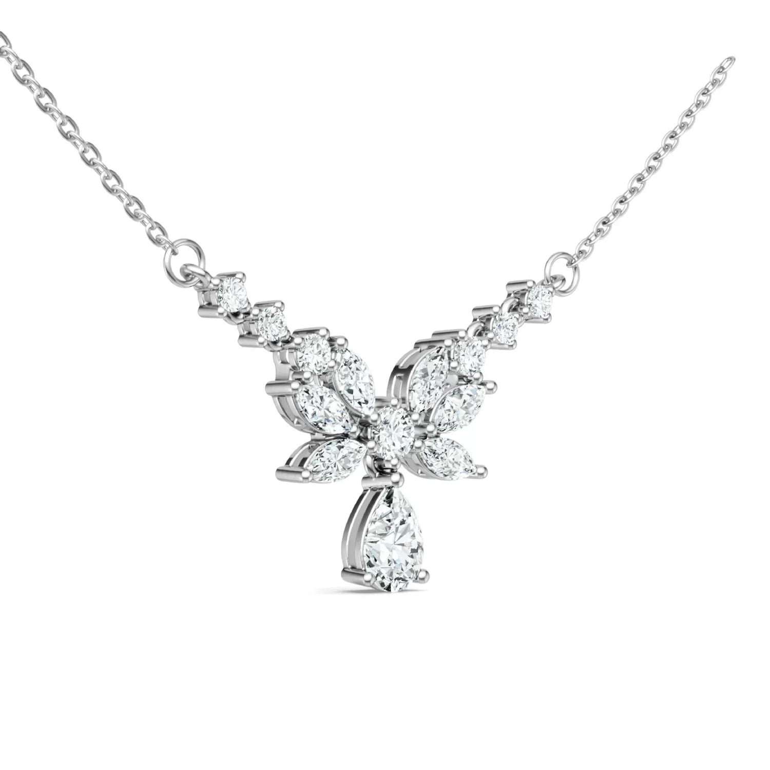 Floral Cluster Pear Drop Marquise Moissanite Necklace