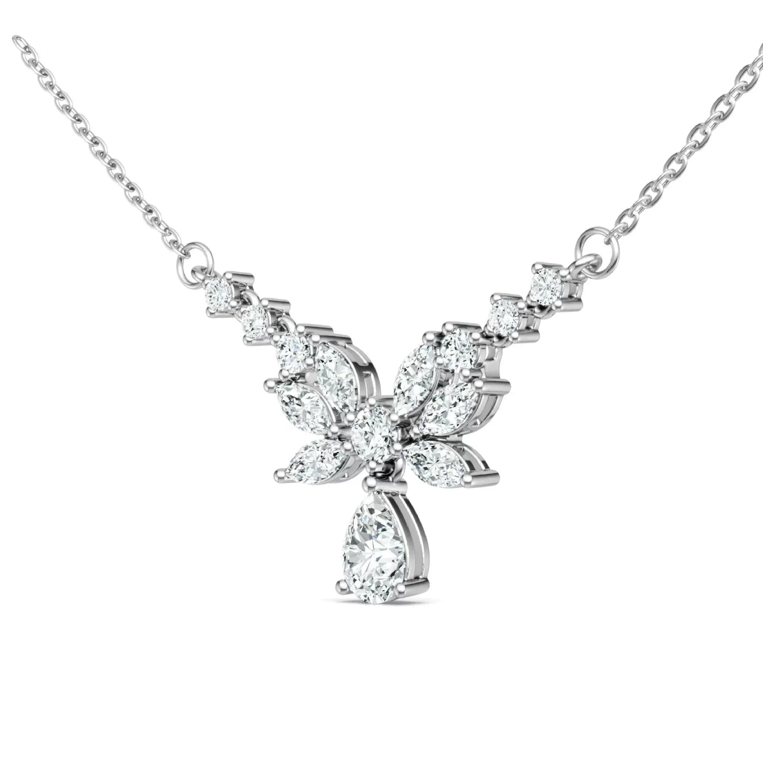 Floral Cluster Pear Drop Marquise Moissanite Necklace