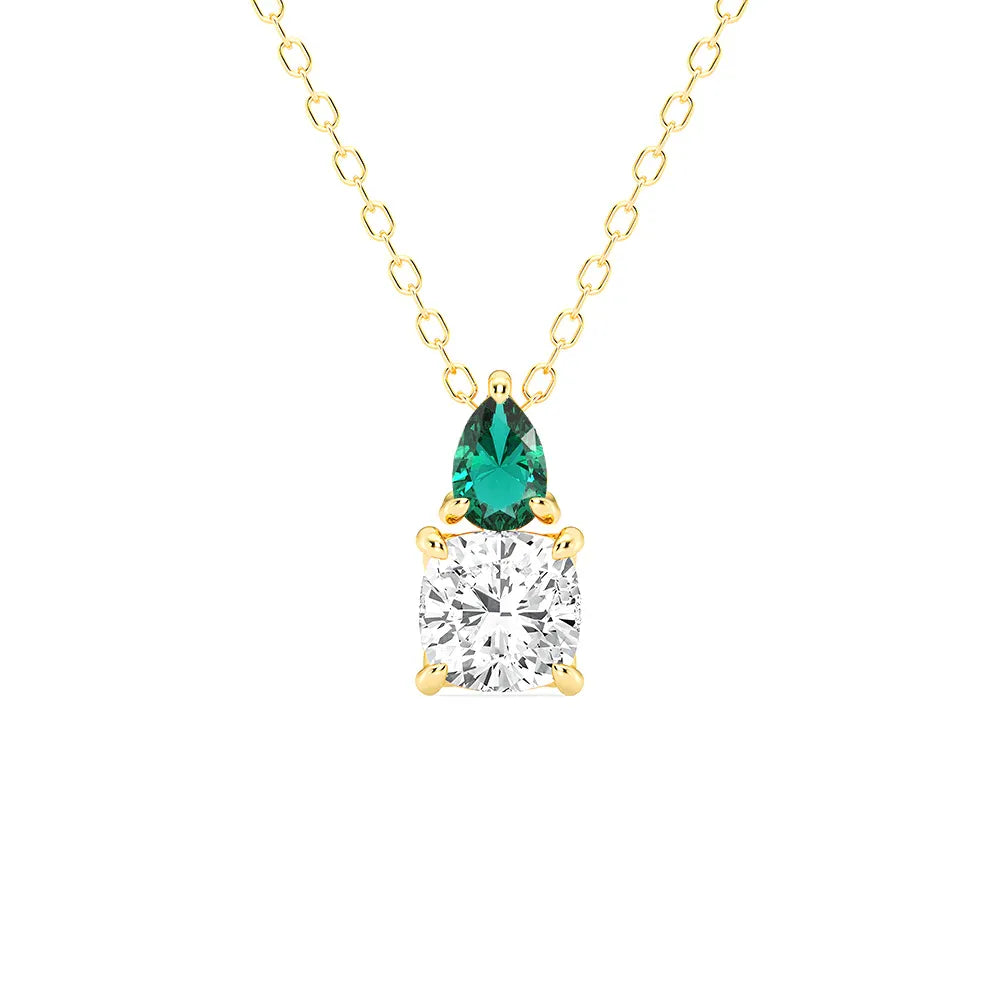 Toi Et Moi Emerald and Cushion Cut Diamond Pendant Necklace