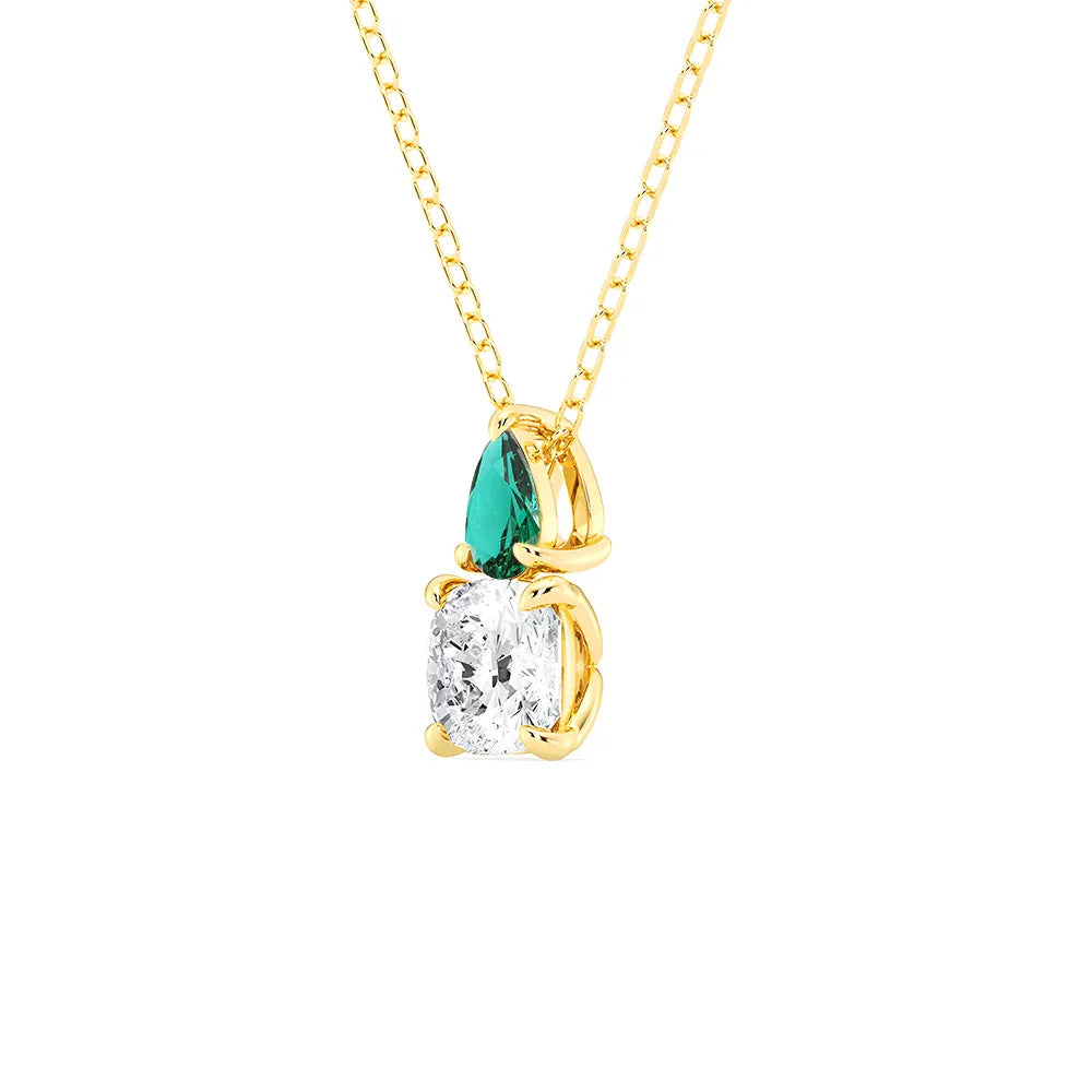 Toi Et Moi Emerald and Cushion Cut Diamond Pendant Necklace