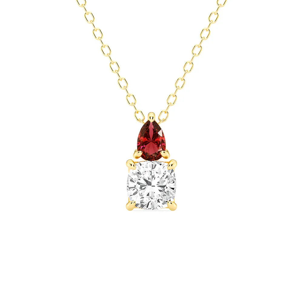 Toi Et Moi Ruby and Cushion Cut Diamond Pendant Necklace
