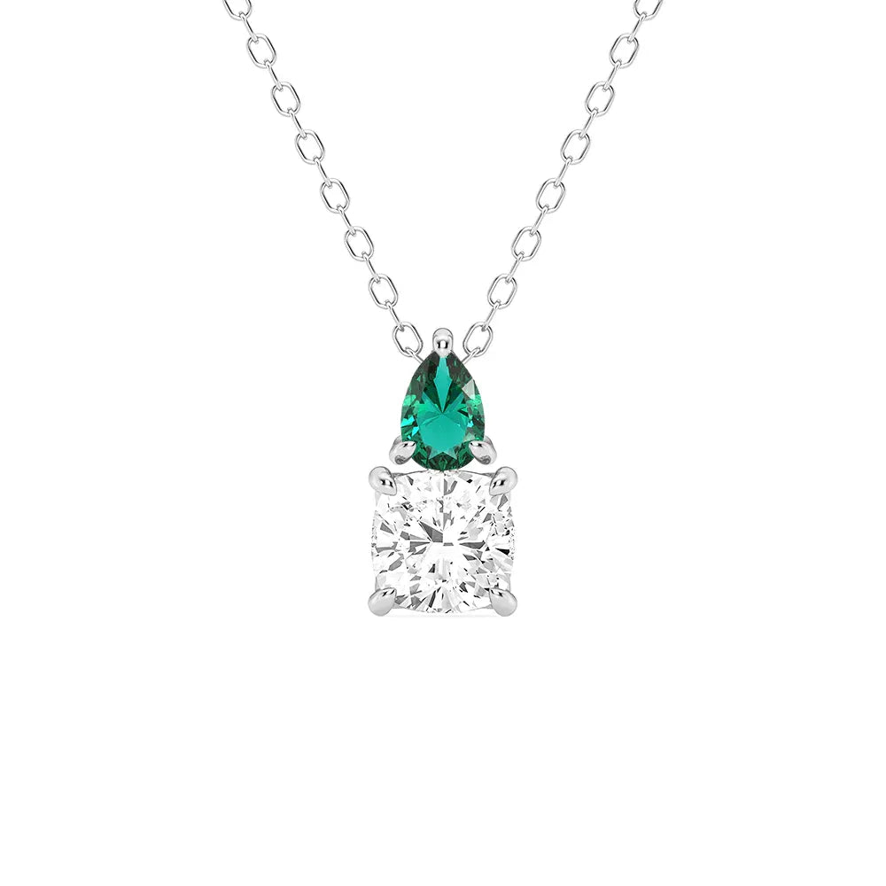 Toi Et Moi Emerald and Cushion Cut Diamond Pendant Necklace