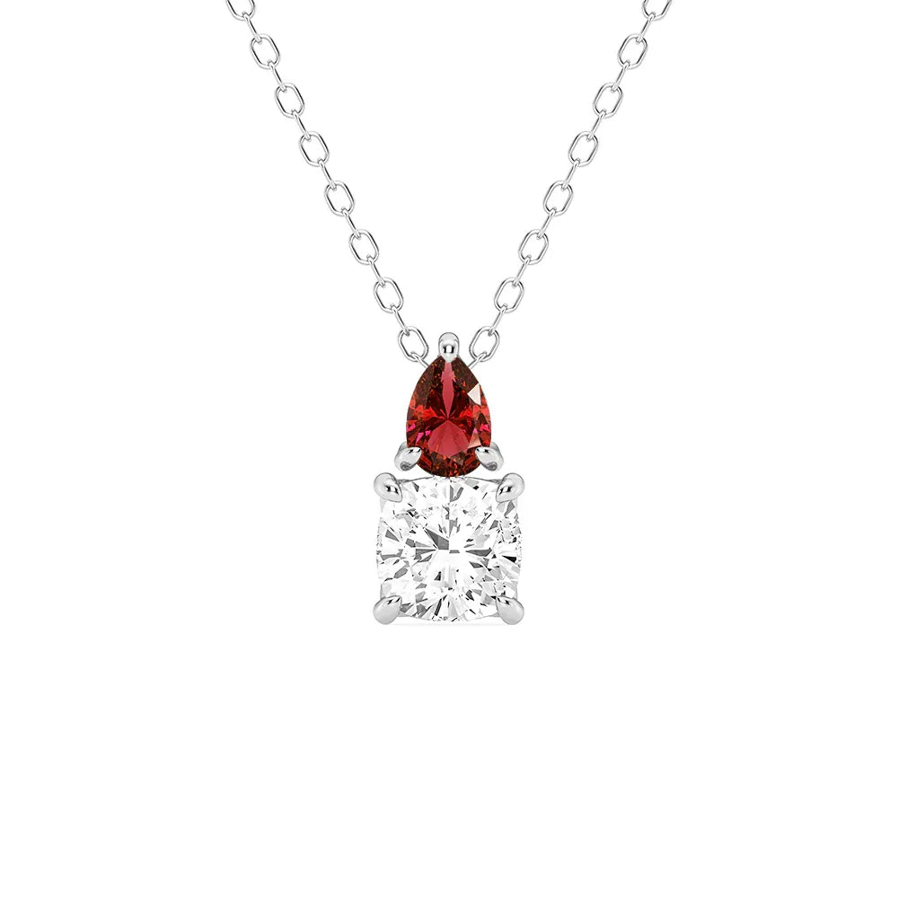 Toi Et Moi Ruby and Cushion Cut Diamond Pendant Necklace