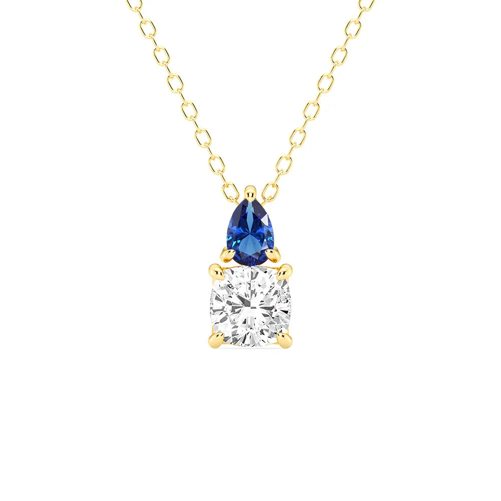 Toi Et Moi Sapphire and Cushion Cut Diamond Pendant Necklace
