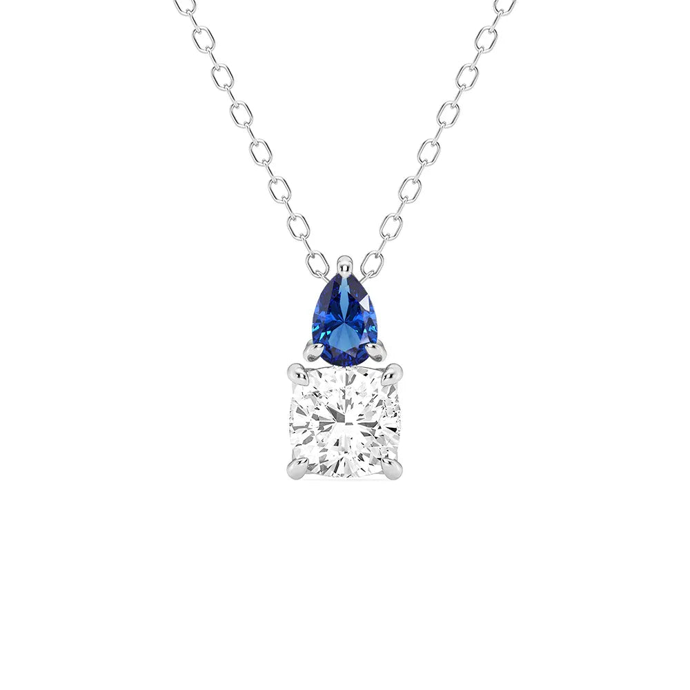 Toi Et Moi Sapphire and Cushion Cut Diamond Pendant Necklace