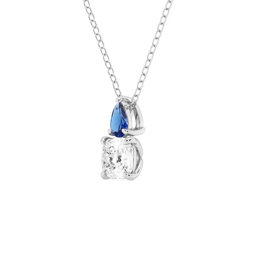 Toi Et Moi Sapphire and Cushion Cut Diamond Pendant Necklace