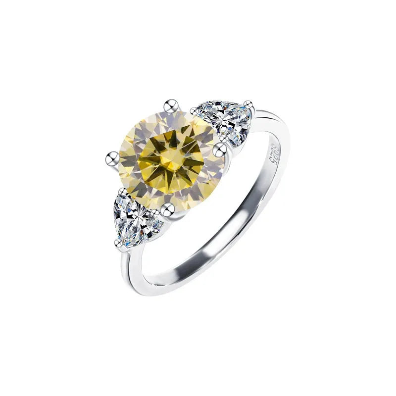 Trillion Side Stone Three Stone Yellow Round Moissanite Engagement Ring