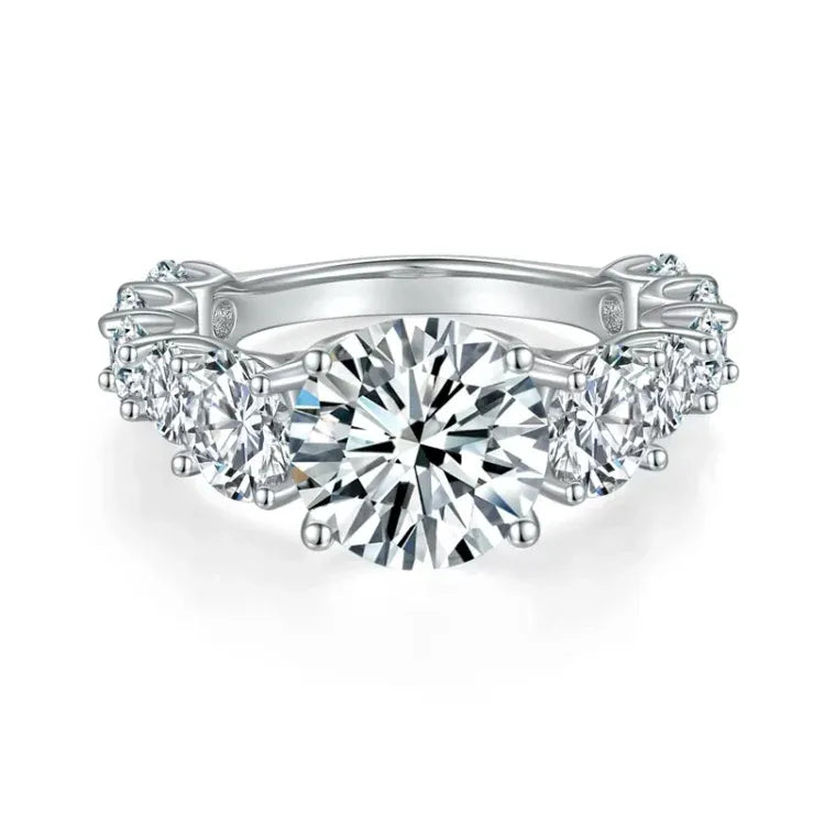 Three Stone Cathedral Four-Prong Side Details  Moissanite Engagement Ring