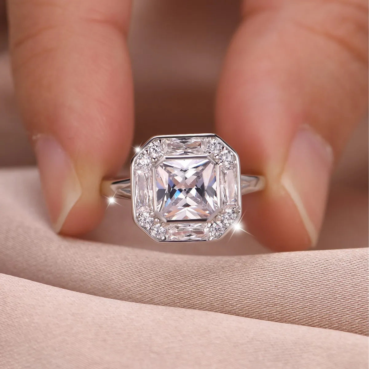 Asscher Cut Baguette Halo Moissanite Engagement Ring