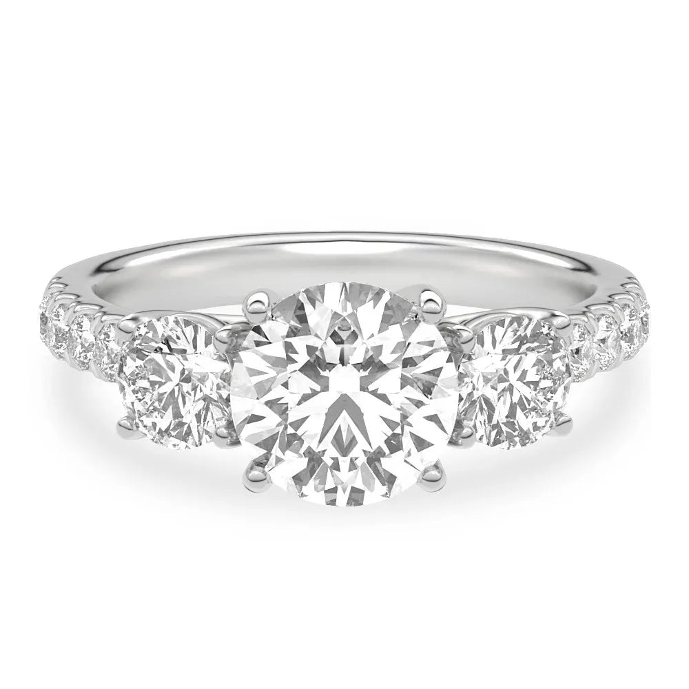 Three Stone Prong Setting Pave Band Moissanite Engagement Ring