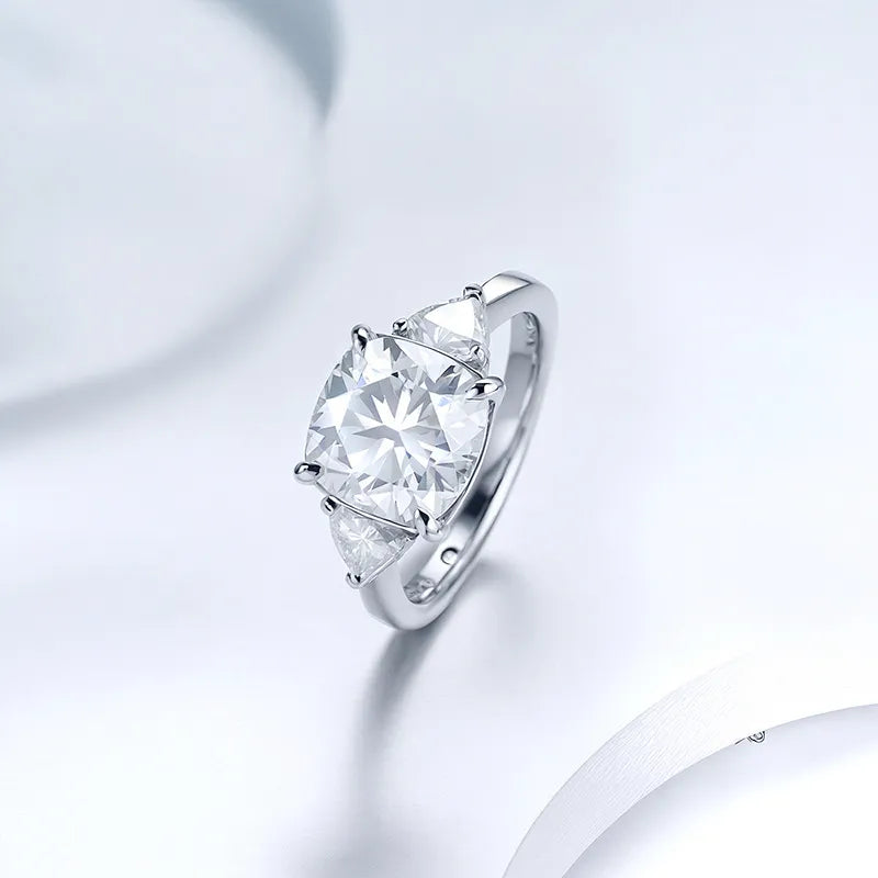 Triangle Side Stone Three Stone Cushion Moissanite Engagement Ring