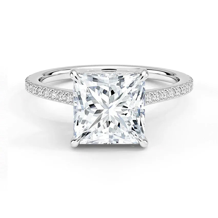 Cathedral French Basket Pave Princess Moissanite Engagement Ring