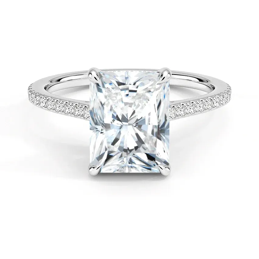 Cathedral French Basket Pave Radiant Moissanite Engagement Ring